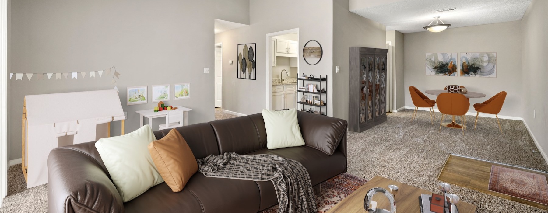 a living room with a couch and a table